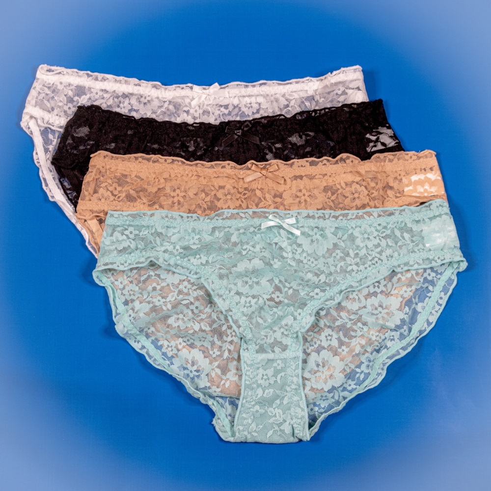 NWOT 4 Pack All Lace Bikini Panties in Teal, Tan, White & Black & Bow Details